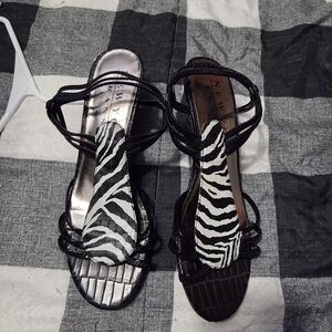 Black Strappy Sandals with Zebra Print Accent - Womens